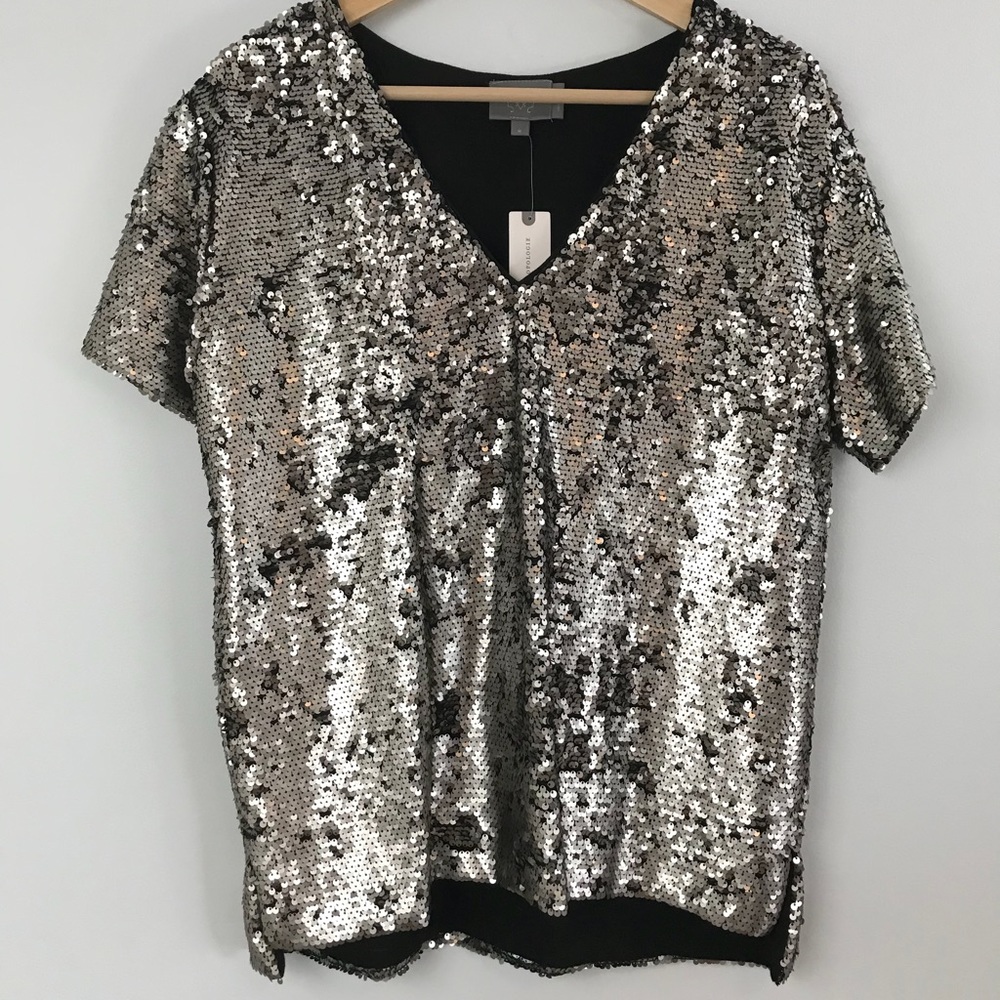Anthropologie Sequin V Neck Tee Shirt